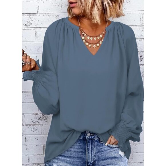 Womens Blue Stylish, Elegant Smocked Long Sleeve V Neck Casual Chiffon Shirt Top - Picture 2 of 4